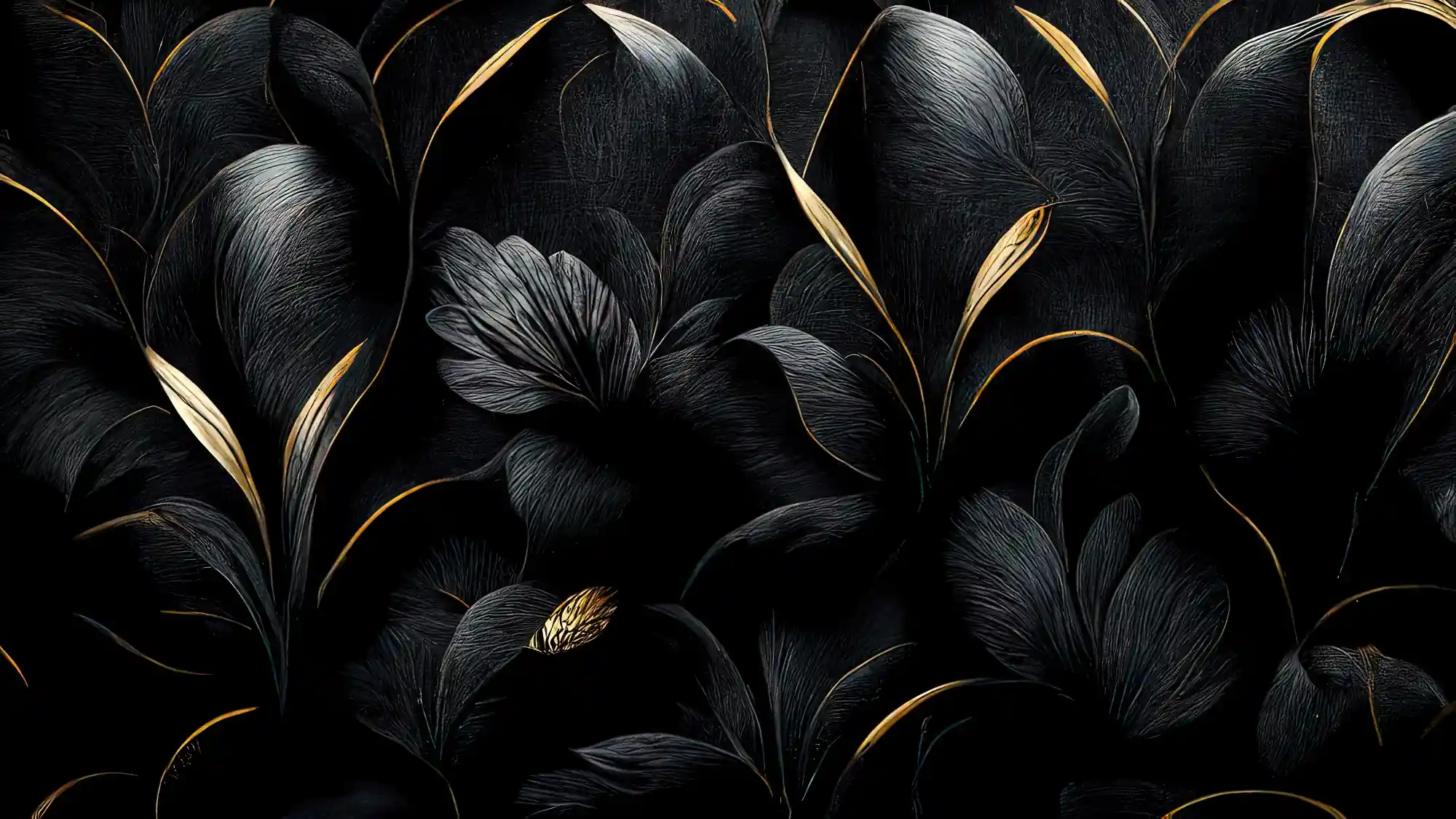 A textured, seamless pattern of stylized, dark gray and black leaves and delicate stems accented with shimmering metallic gold highlights.
