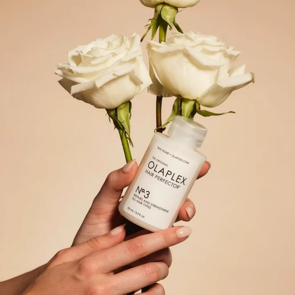 A hand holds a small white bottle of Olaplex No. 3 Hair Perfector next to three elegant white roses.