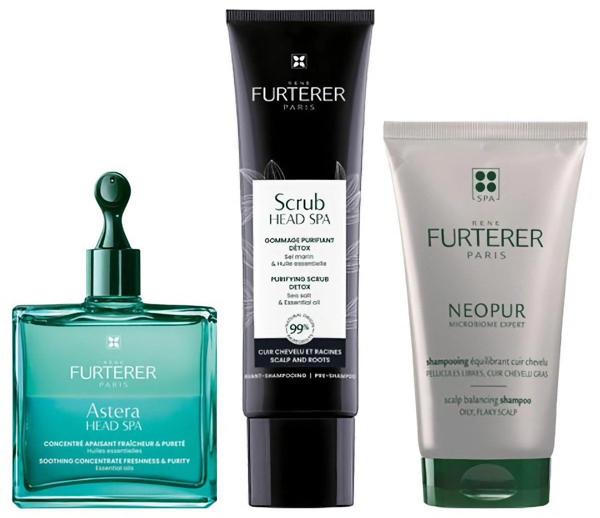 Three René Furterer scalp products: a teal Astera Head Spa oil, a black Scrub Head Spa detox tube, and a gray Neopur scalp balancing shampoo.